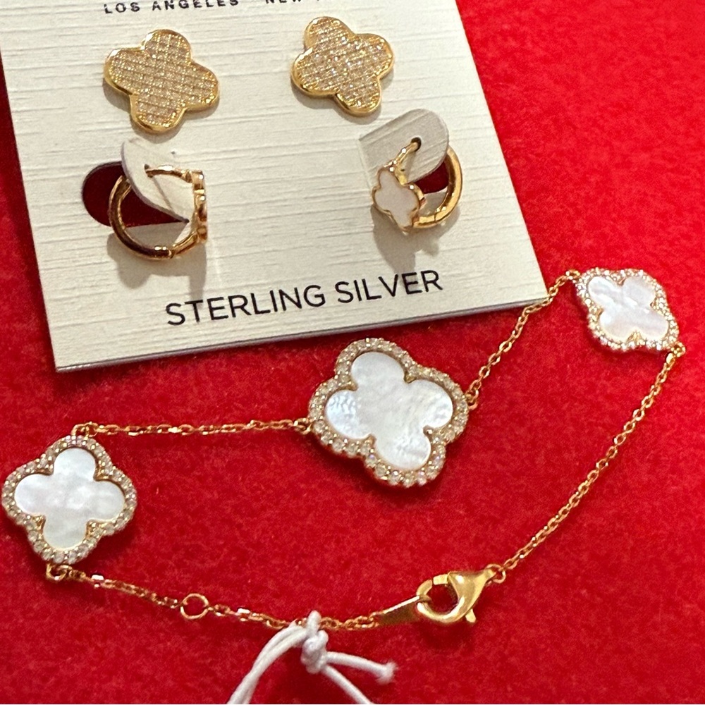 Rachel Zoe Bundle Mother of Pearl 18K Gold Clover Earrings & Bracelet Set